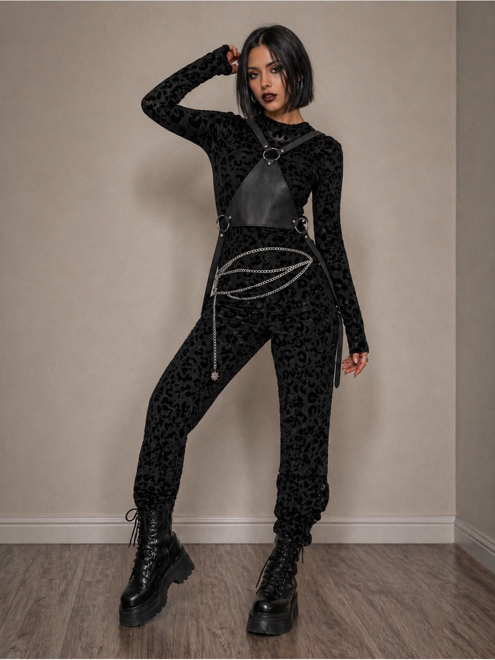 Black Velvet Leopard Jumpsuit with Harness & Chain Accents